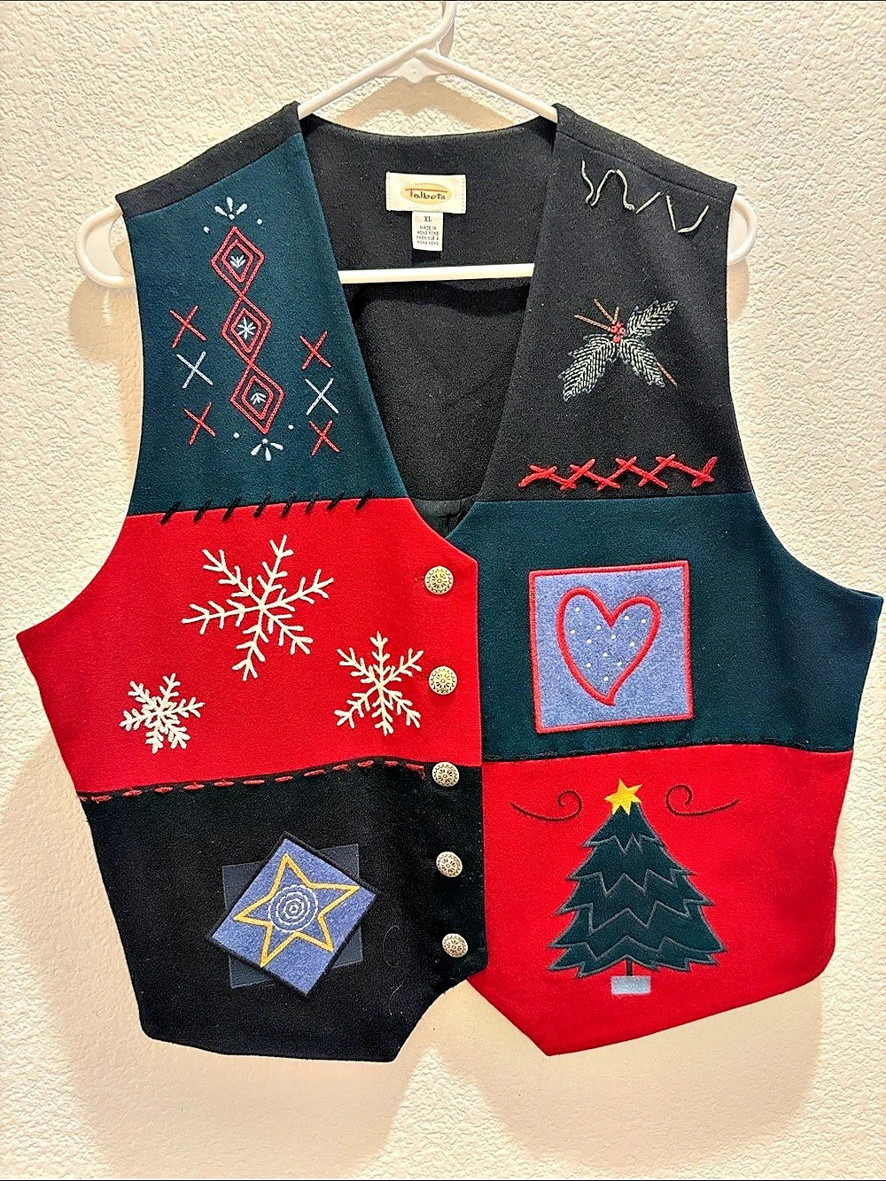 Talbots Vintage Wool Holiday Christmas Patchwork Vest XL